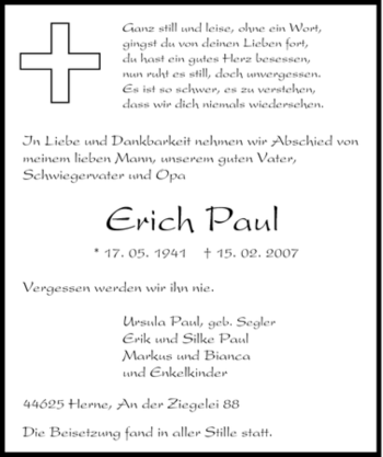 Traueranzeige von Erich Paul von Tageszeitung