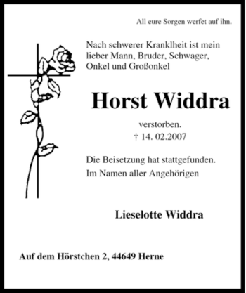 Traueranzeige von Horst Widdra von Tageszeitung