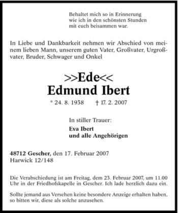 Traueranzeige von Edmund Ibert von Tageszeitung