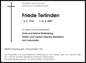 Traueranzeige von Friede Terlinden von Tageszeitung
