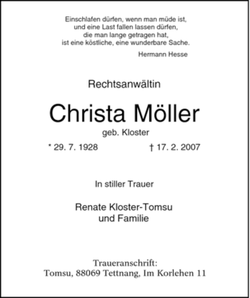 Traueranzeige von Christa Möller von Tageszeitung