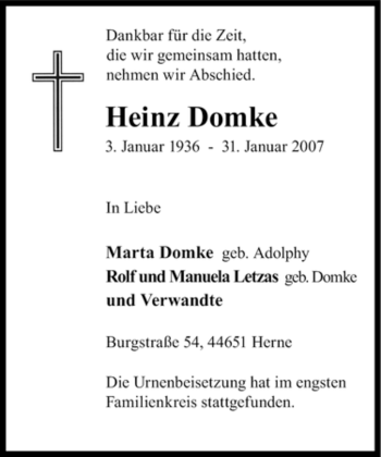 Traueranzeige von Heinz Domke von Tageszeitung