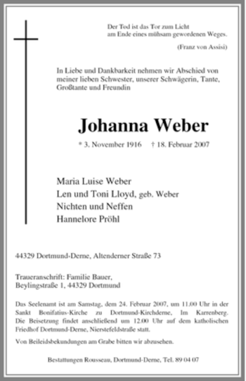Traueranzeige von Johanna Weber von Tageszeitung