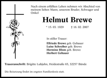 Traueranzeige von Helmut Brewe von Tageszeitung