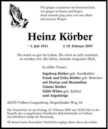 Traueranzeige von Heinz Körber von Tageszeitung