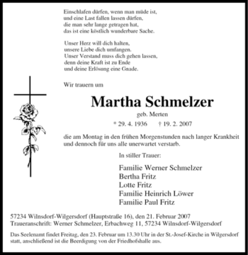 Traueranzeige von Martha Schmelzer von Tageszeitung