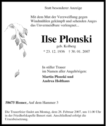 Traueranzeige von Ilse Plonski von Tageszeitung