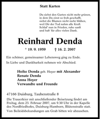 Traueranzeige von Reinhard Denda von Tageszeitung