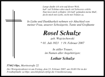 Traueranzeige von Rosel Schulze von Tageszeitung
