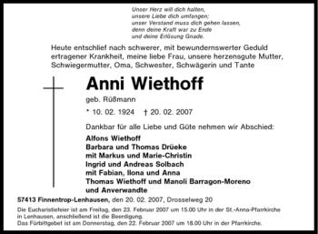 Traueranzeige von Anni WIethoff von Tageszeitung