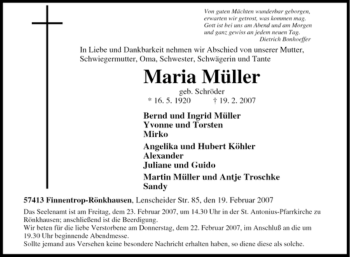Traueranzeige von Maria Müller von Tageszeitung