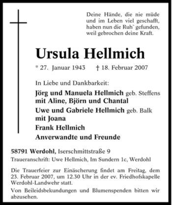 Traueranzeige von Ursula Hellmich von Tageszeitung