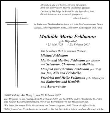 Traueranzeige von Mathilde Maria Feldmann von Tageszeitung
