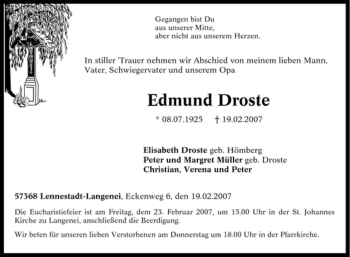 Traueranzeige von Edmund Droste von Tageszeitung