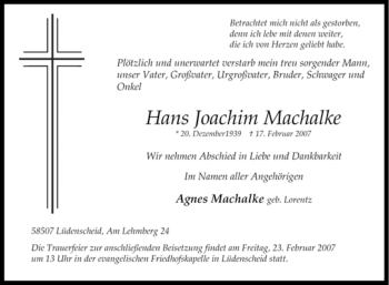Traueranzeige von Hans Joachim Machalke von Tageszeitung