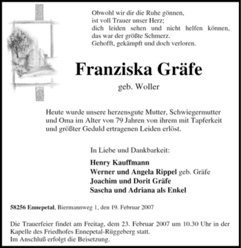 Traueranzeige von Franziska Gräfe von Tageszeitung
