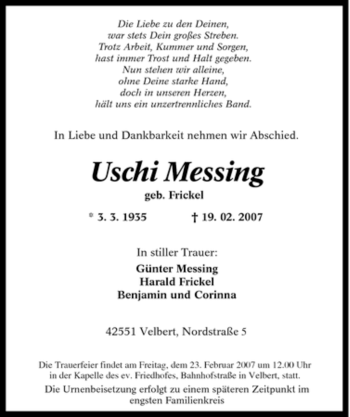 Traueranzeige von Uschi Messing von Tageszeitung