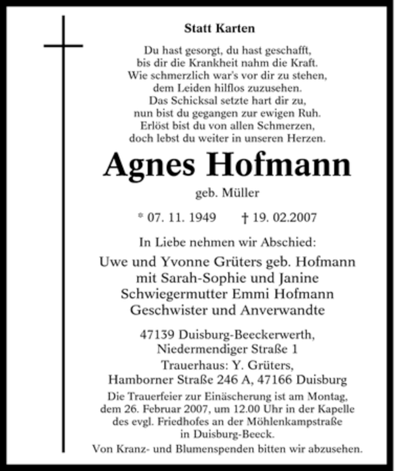  Traueranzeige für Agnes Hofmann vom 21.02.2007 aus Tageszeitung