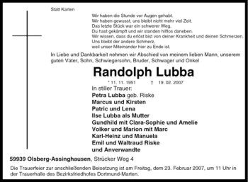 Traueranzeige von Randolph Lubba von Tageszeitung
