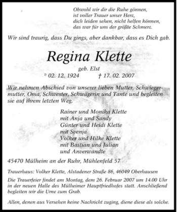 Traueranzeige von Regina Klette von Tageszeitung