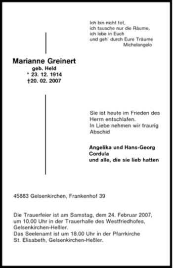 Traueranzeige von Marianne Greinert von Tageszeitung