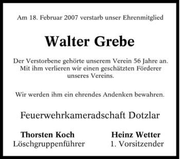 Traueranzeige von Walter Grebe von Tageszeitung