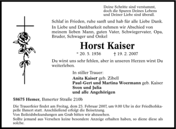 Traueranzeige von Horst Kaiser von Tageszeitung