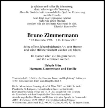 Traueranzeige von Bruno Zimmermann von Tageszeitung