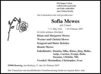 Traueranzeige von Sofia Mewes von Tageszeitung