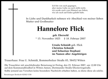 Traueranzeige von Hannelore Flick von Tageszeitung