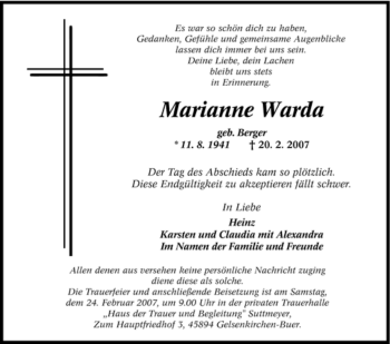 Traueranzeige von Marianne Warda von Tageszeitung