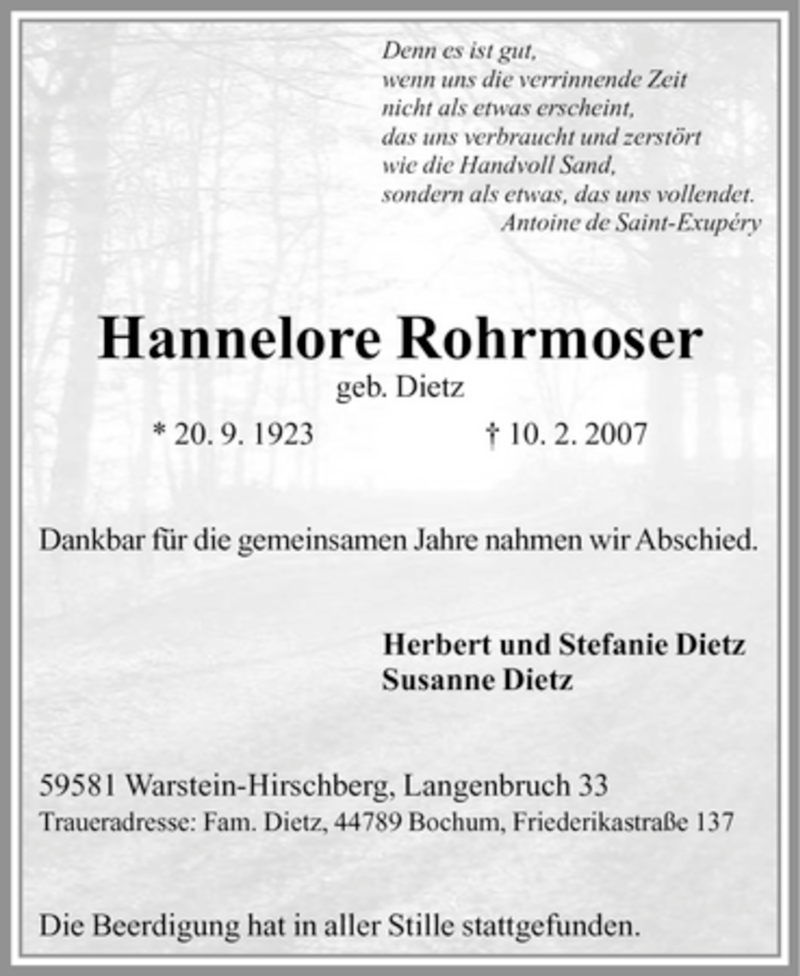  Traueranzeige für Hannelore Rohrmoser vom 21.02.2007 aus Tageszeitung
