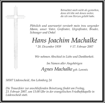 Traueranzeige von Hans Joachim Machalke von Tageszeitung