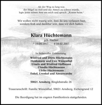 Traueranzeige von Klara Hüchtemann von Tageszeitung