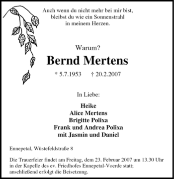 Traueranzeige von Bernd Mertens von Tageszeitung