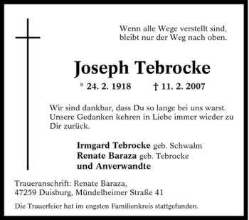 Traueranzeige von Joseph Tebrocke von Tageszeitung
