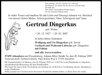 Traueranzeige von Gertrud Dingerkus von Tageszeitung