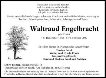 Traueranzeige von Waltraud Engelbracht von Tageszeitung