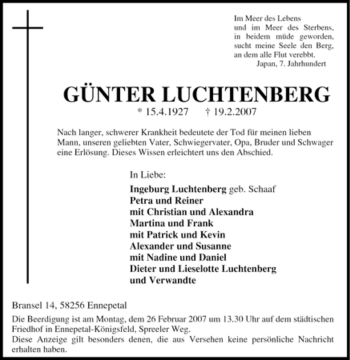 Traueranzeige von Günter Luchtenberg von Tageszeitung