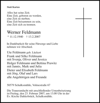 Traueranzeige von Werner Feldmann von Tageszeitung