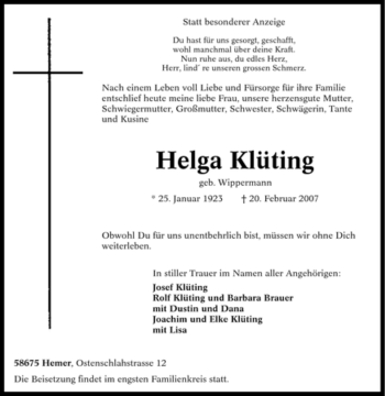 Traueranzeige von Helga Klüting von Tageszeitung