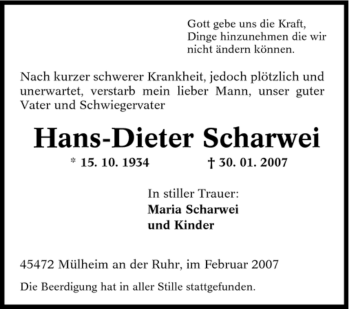Traueranzeige von Hans-Dieter Scharwei von Tageszeitung