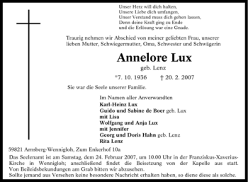 Traueranzeige von Annelore Lux von Tageszeitung