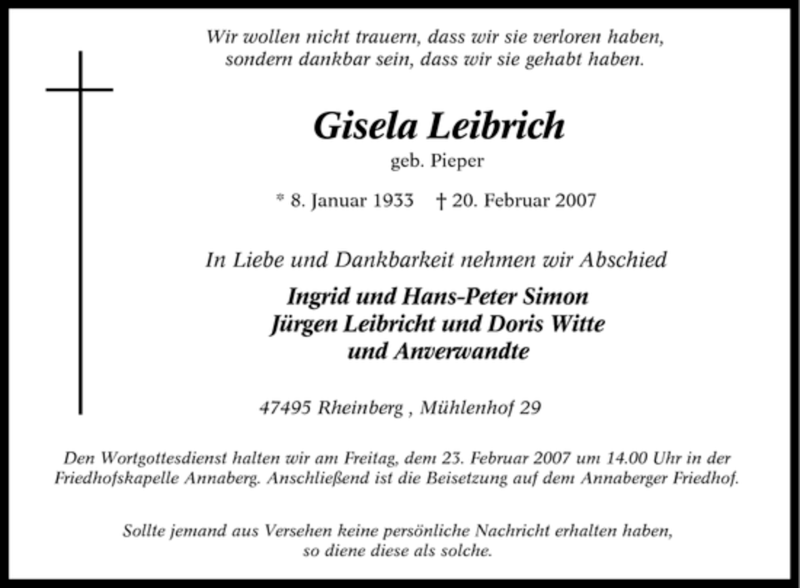  Traueranzeige für Gisela Leibrich vom 22.02.2007 aus Tageszeitung