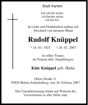 Traueranzeige von Rudolf Knüppel von Tageszeitung