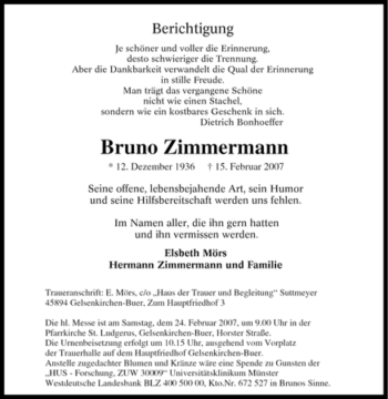 Traueranzeige von Bruno Zimmermann von Tageszeitung