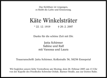Traueranzeige von Käte Winkelsträter von Tageszeitung