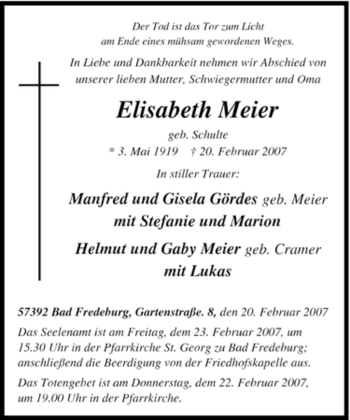 Traueranzeige von Elisabeth Meier von Tageszeitung