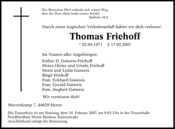 Traueranzeige von Thomas Friehoff von Tageszeitung