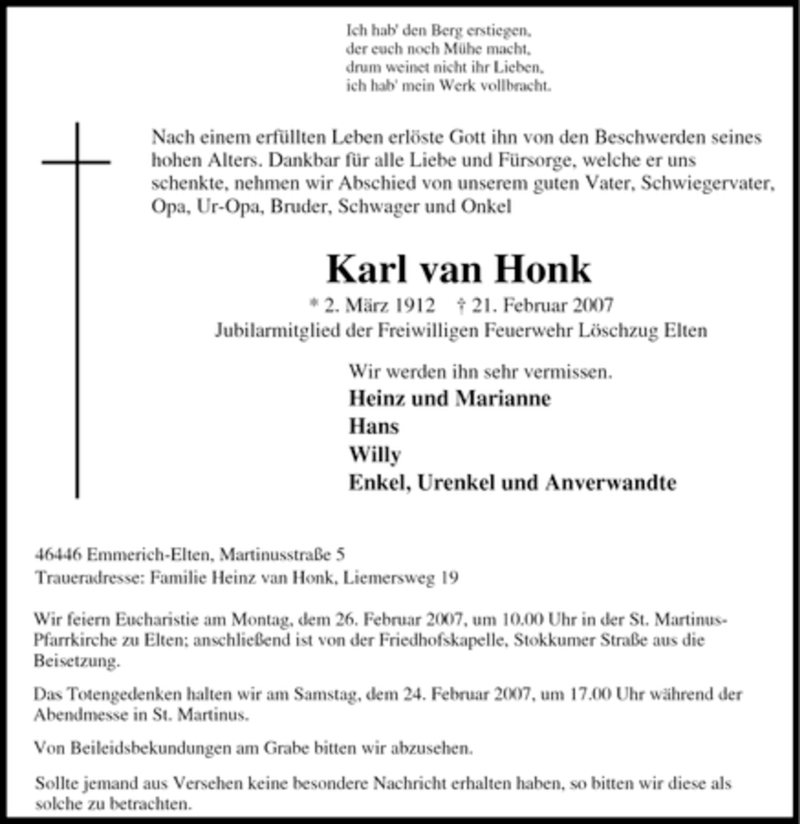  Traueranzeige für Karl van Honk vom 22.02.2007 aus Tageszeitung